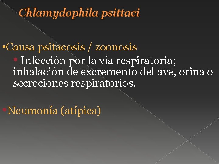 Chlamydophila psittaci • Causa psitacosis / zoonosis • Infección por la vía respiratoria; inhalación