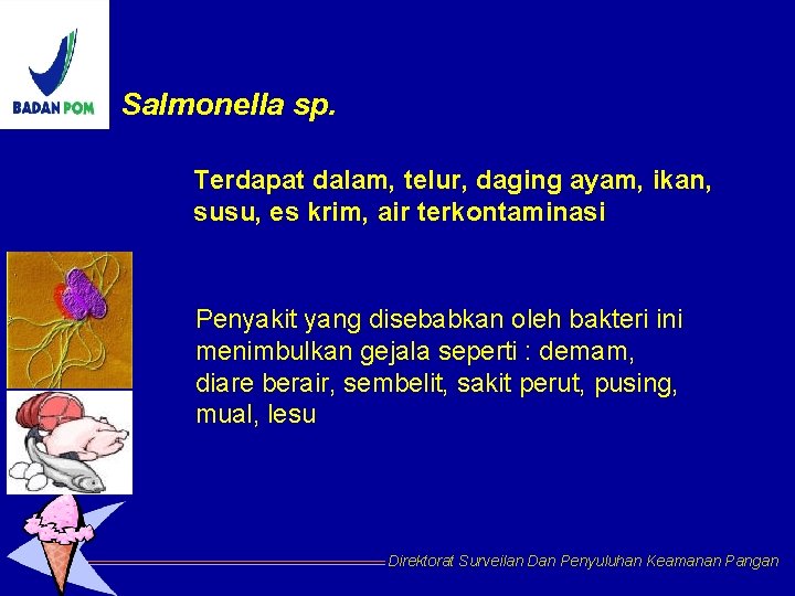 Salmonella sp. Terdapat dalam, telur, daging ayam, ikan, susu, es krim, air terkontaminasi Penyakit Salmonella sp. Terdapat dalam, telur, daging ayam, ikan, susu, es krim, air terkontaminasi Penyakit