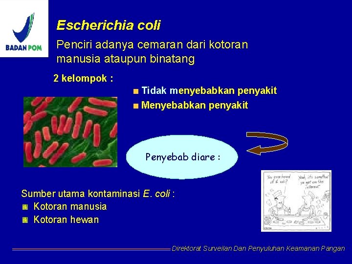 Escherichia coli Penciri adanya cemaran dari kotoran manusia ataupun binatang 2 kelompok : Tidak