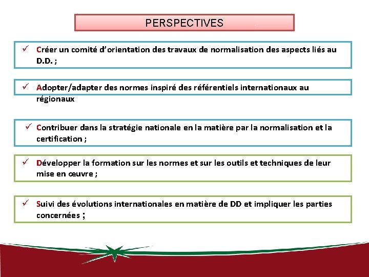 PERSPECTIVES ü Créer un comité d’orientation des travaux de normalisation des aspects liés au