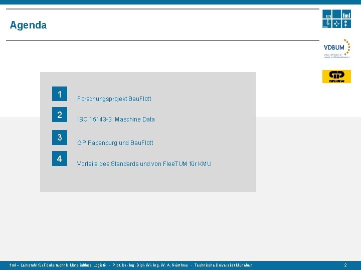 Agenda 1 2 3 4 Forschungsprojekt Bau. Flott ISO 15143 -3: Maschine Data GP