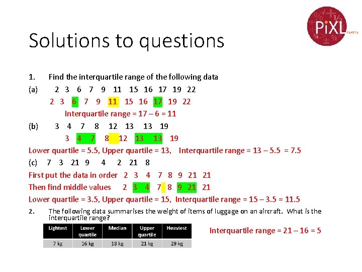 Solutions to questions 1. (a) Find the interquartile range of the following data 2