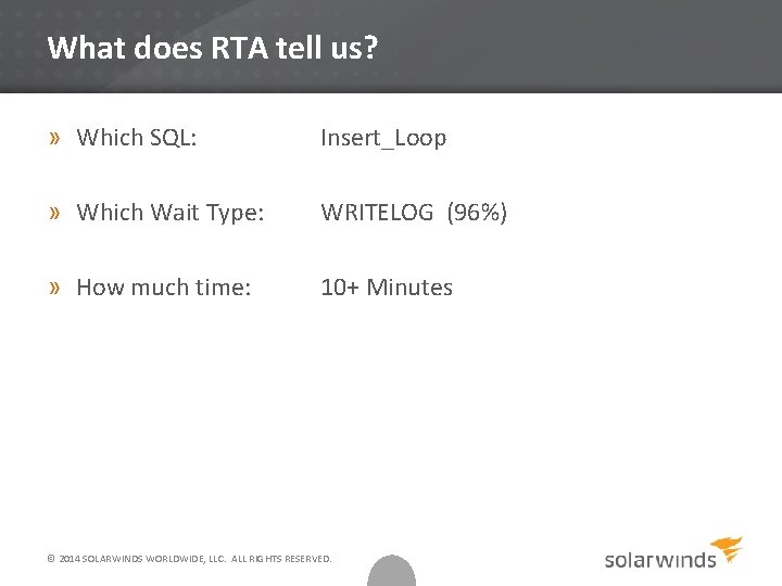 What does RTA tell us? » Which SQL: Insert_Loop » Which Wait Type: WRITELOG