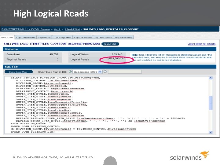 High Logical Reads © 2014 SOLARWINDS WORLDWIDE, LLC. ALL RIGHTS RESERVED. 