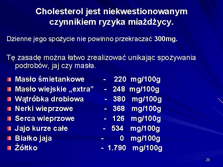 Cholesterol jest niekwestionowanym czynnikiem ryzyka miażdżycy. Dzienne jego spożycie nie powinno przekraczać 300 mg.