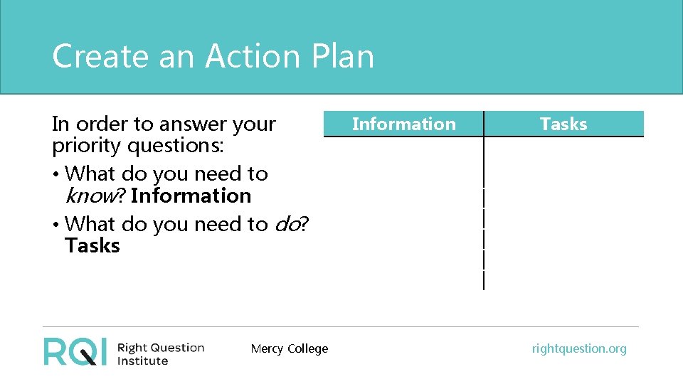 Create an Action Plan In order to answer your priority questions: • What do