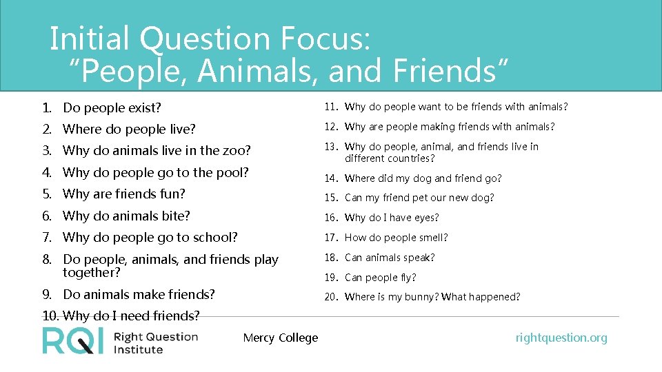 Initial Question Focus: “People, Animals, and Friends” 1. Do people exist? 11. Why do