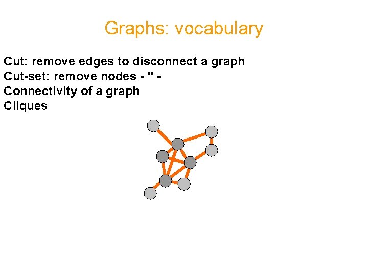 Graphs: vocabulary Cut: remove edges to disconnect a graph Cut-set: remove nodes - " Graphs: vocabulary Cut: remove edges to disconnect a graph Cut-set: remove nodes - "