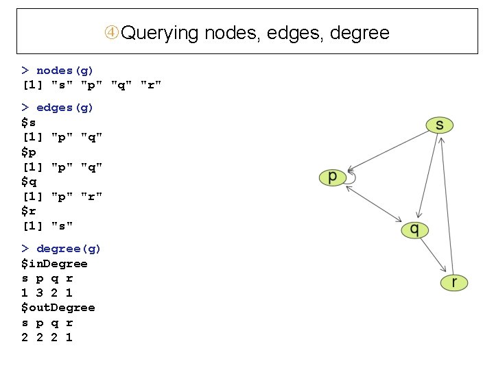  Querying nodes, edges, degree > nodes(g) [1] "s" "p" "q" "r" > edges(g)