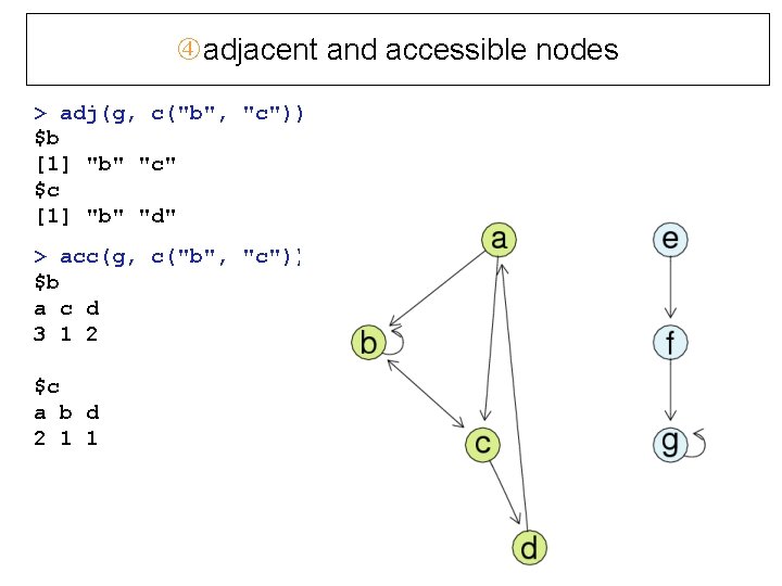  adjacent and accessible nodes > adj(g, c("b", "c")) $b [1] "b" "c" $c