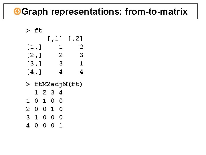  Graph representations: from-to-matrix > ft [1, ] [2, ] [3, ] [4, ]