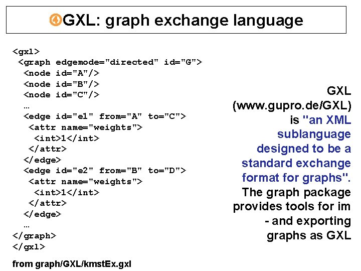 GXL: graph exchange language <gxl> <graph edgemode="directed" id="G"> <node id="A"/> <node id="B"/> <node GXL: graph exchange language <gxl> <graph edgemode="directed" id="G"> <node id="A"/> <node id="B"/> <node