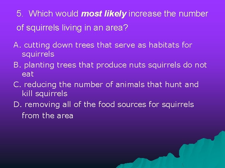 5. Which would most likely increase the number of squirrels living in an area?