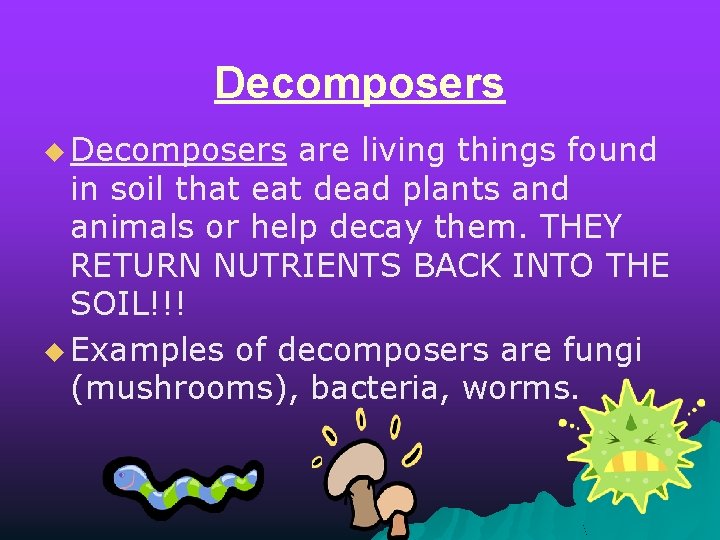 Decomposers u Decomposers are living things found in soil that eat dead plants and