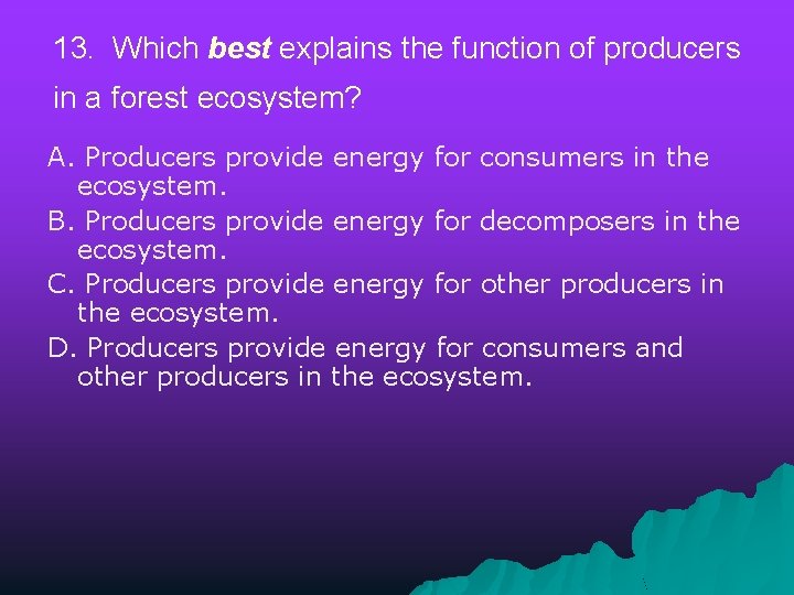 13. Which best explains the function of producers in a forest ecosystem? A. Producers