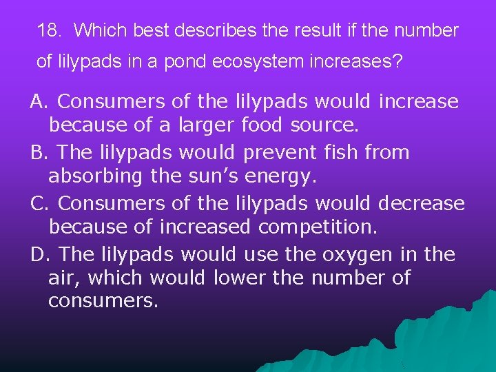 18. Which best describes the result if the number of lilypads in a pond