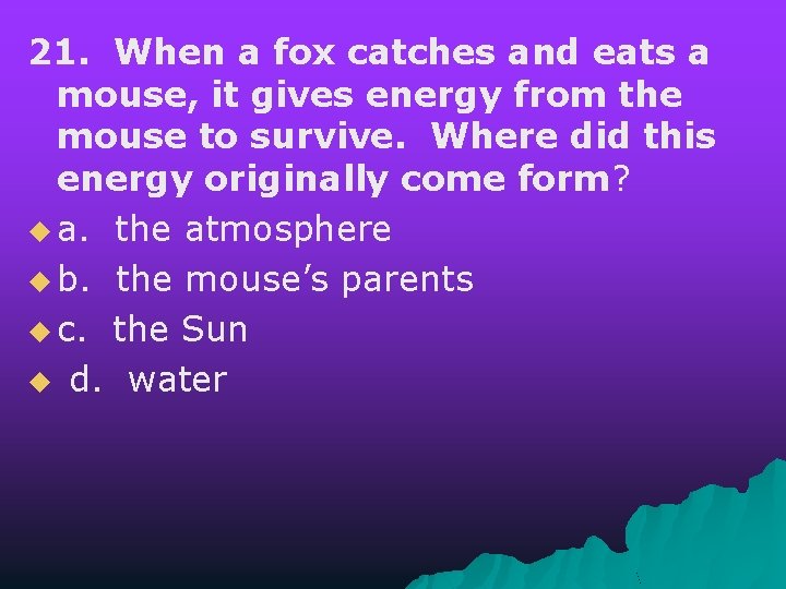 21. When a fox catches and eats a mouse, it gives energy from the