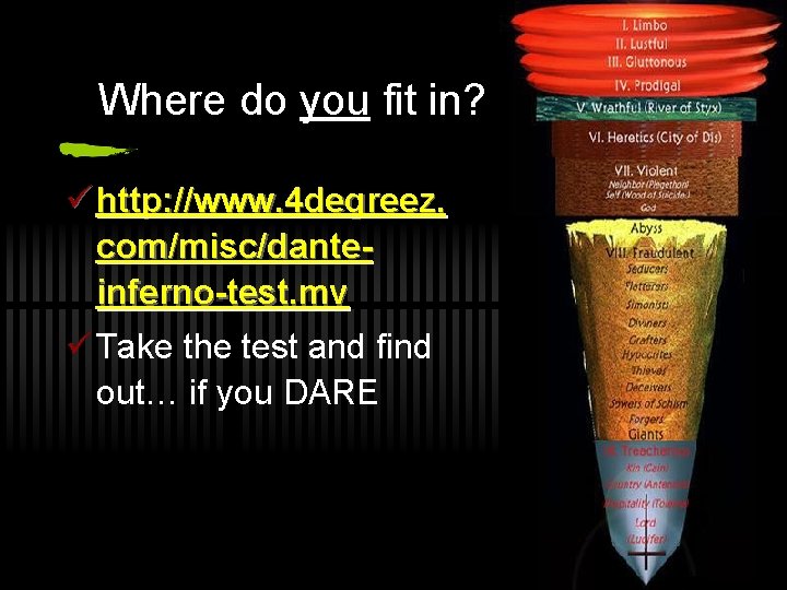 Where do you fit in? ü http: //www. 4 degreez. com/misc/danteinferno-test. mv ü Take