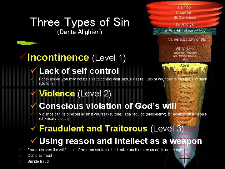 Three Types of Sin (Dante Alighieri) ü Incontinence (Level 1) ü Lack of self