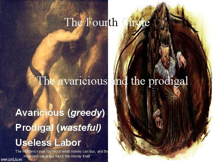 The Fourth Circle The avaricious and the prodigal Avaricious (greedy) Prodigal (wasteful) Useless Labor
