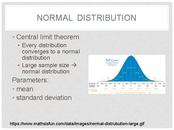 NORMAL DISTRIBUTION • Central limit theorem • Every distribution converges to a normal distribution