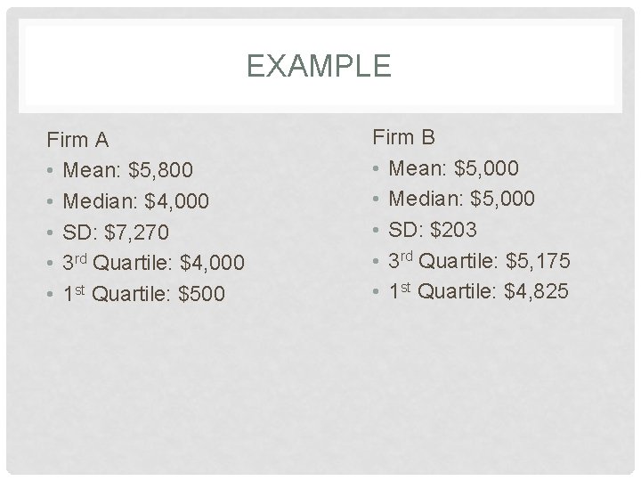 EXAMPLE Firm A • Mean: $5, 800 • Median: $4, 000 • SD: $7,