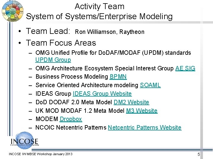Activity Team System of Systems/Enterprise Modeling • Team Lead: Ron Williamson, Raytheon • Team