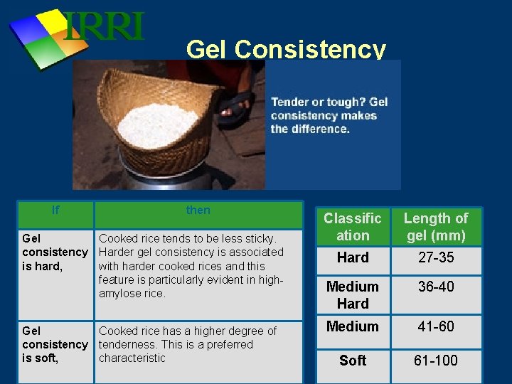 Gel Consistency If then Gel Cooked rice tends to be less sticky. consistency Harder