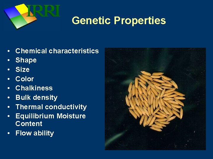 Genetic Properties • • Chemical characteristics Shape Size Color Chalkiness Bulk density Thermal conductivity