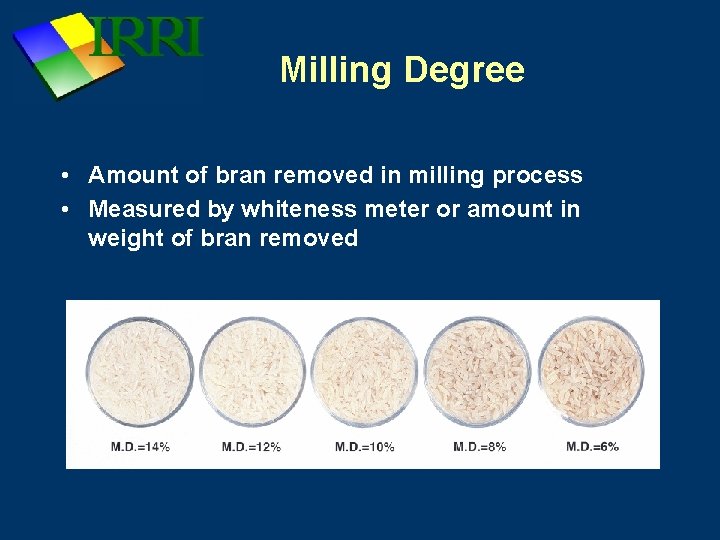 Milling Degree • Amount of bran removed in milling process • Measured by whiteness