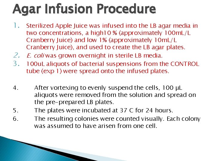 Agar Infusion Procedure 1. Sterilized Apple Juice was infused into the LB agar media