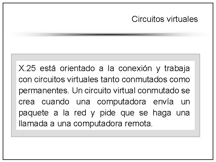 Circuitos virtuales X. 25 está orientado a la conexión y trabaja con circuitos virtuales