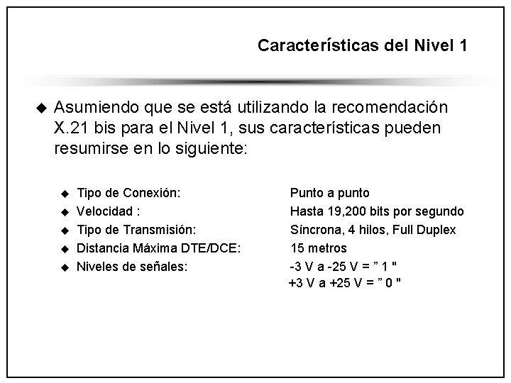 Características del Nivel 1 u Asumiendo que se está utilizando la recomendación X. 21