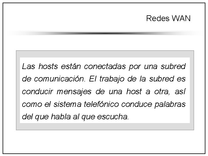 Redes WAN Las hosts están conectadas por una subred de comunicación. El trabajo de