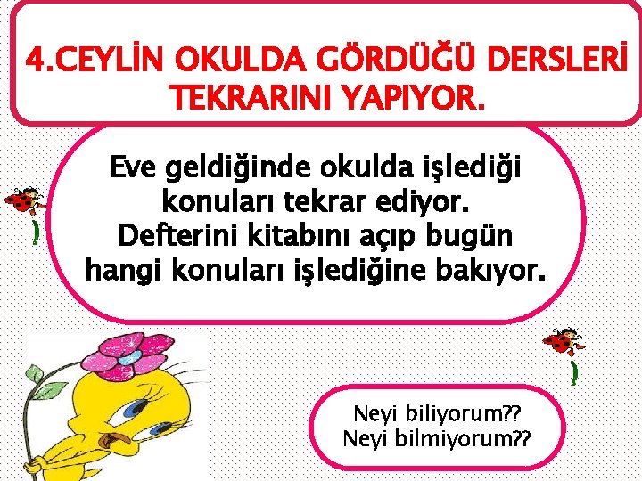 4. CEYLİN OKULDA GÖRDÜĞÜ DERSLERİ TEKRARINI YAPIYOR. Eve geldiğinde okulda işlediği konuları tekrar ediyor.