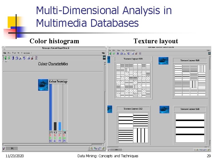 Multi-Dimensional Analysis in Multimedia Databases Color histogram 11/23/2020 Texture layout Data Mining: Concepts and