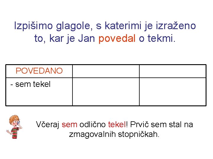 Izpišimo glagole, s katerimi je izraženo to, kar je Jan povedal o tekmi. POVEDANO