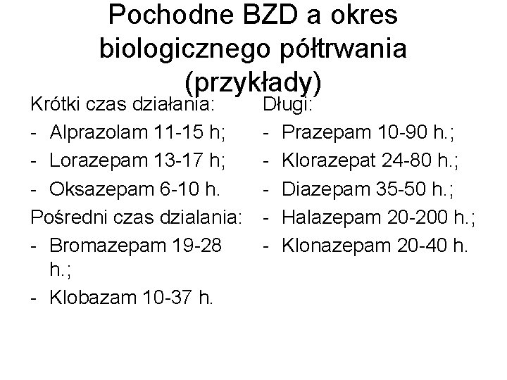 Pochodne BZD a okres biologicznego półtrwania (przykłady) Krótki czas działania: - Alprazolam 11 -15