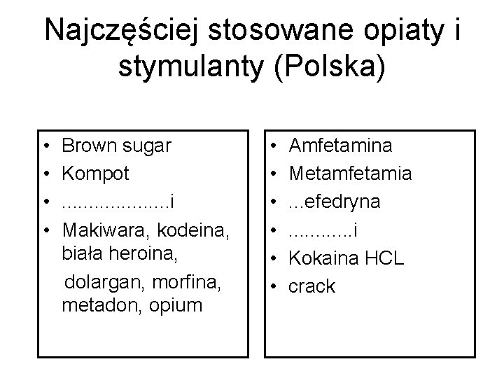 Najczęściej stosowane opiaty i stymulanty (Polska) • • Brown sugar Kompot. . . .