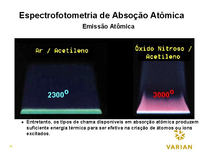 Espectrofotometria de Absoção Atômica Emissão Atômica l 45 Entretanto, os tipos de chama disponíveis