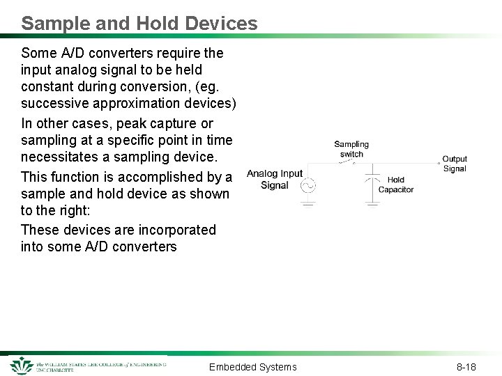 Sample and Hold Devices Some A/D converters require the input analog signal to be