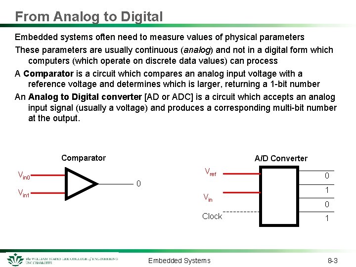 From Analog to Digital Embedded systems often need to measure values of physical parameters
