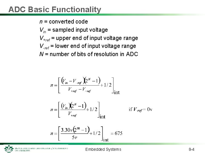 ADC Basic Functionality n = converted code Vin = sampled input voltage V+ref =