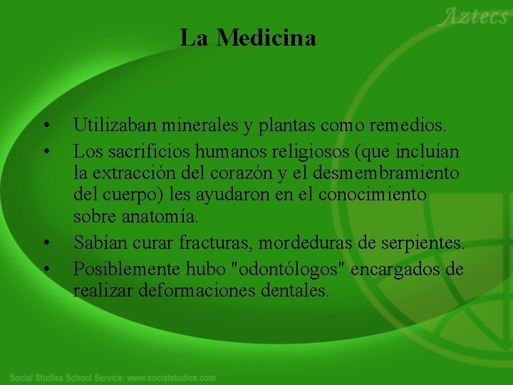 La Medicina • • Utilizaban minerales y plantas como remedios. Los sacrificios humanos religiosos