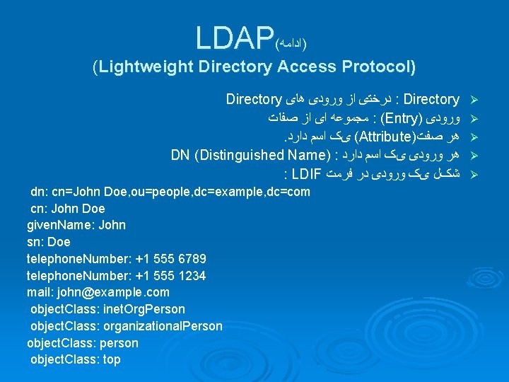 LDAP( )ﺍﺩﺍﻣﻪ (Lightweight Directory Access Protocol) Directory ﺩﺭﺧﺘی ﺍﺯ ﻭﺭﻭﺩی ﻫﺎی : Directory ﻣﺠﻤﻮﻋﻪ