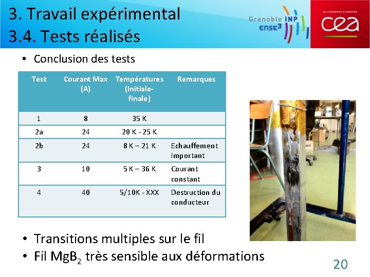 3. Travail expérimental 3. 4. Tests réalisés • Conclusion des tests Test Courant Max