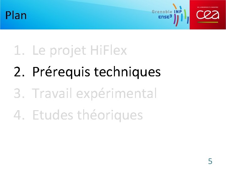 Plan 1. 2. 3. 4. Le projet Hi. Flex Prérequis techniques Travail expérimental Etudes