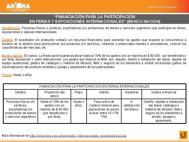 Líneas de Financiamiento “FINANCIACIÓN PARA LA PARTICIPACIÓN EN FERIAS Y EXPOSICIONES INTERNACIONALES” (BANCO NACION)