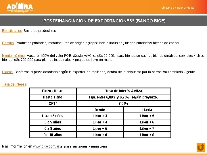 Líneas de Financiamiento “POSTFINANCIACIÓN DE EXPORTACIONES” (BANCO BICE) Beneficiarios: Sectores productivos Destino: Productos primarios,