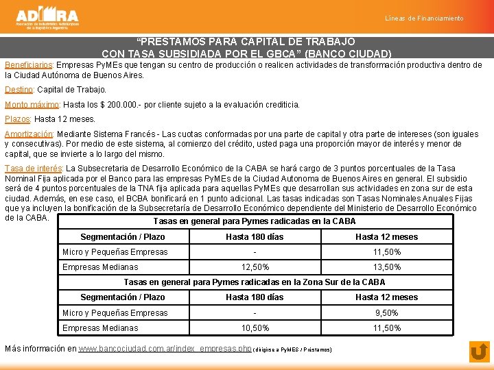 Líneas de Financiamiento “PRÉSTAMOS PARA CAPITAL DE TRABAJO CON TASA SUBSIDIADA POR EL GBCA”